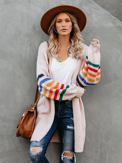 Fitshinling Rainbow Striped Boho Cardigan Winter Long Coat Female Knitwear Pink Slim Sweaters Cardigans For Women Clothes 2022