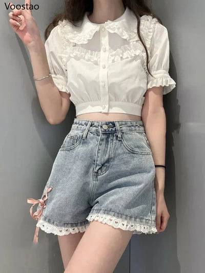 Sweet Denim Shorts Summer Women Casual Lace Bow Bandage Short Pants Streetwear Chic Shorts Girly High Waist Loose Wide Leg Pants