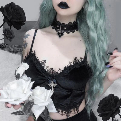 Goth Sexy Lace Corset Crop Tops Camis Y2K Harajuku Aesthetic Black Red Cross Basic Tank Top Summer Women Grunge Emo Streetwear