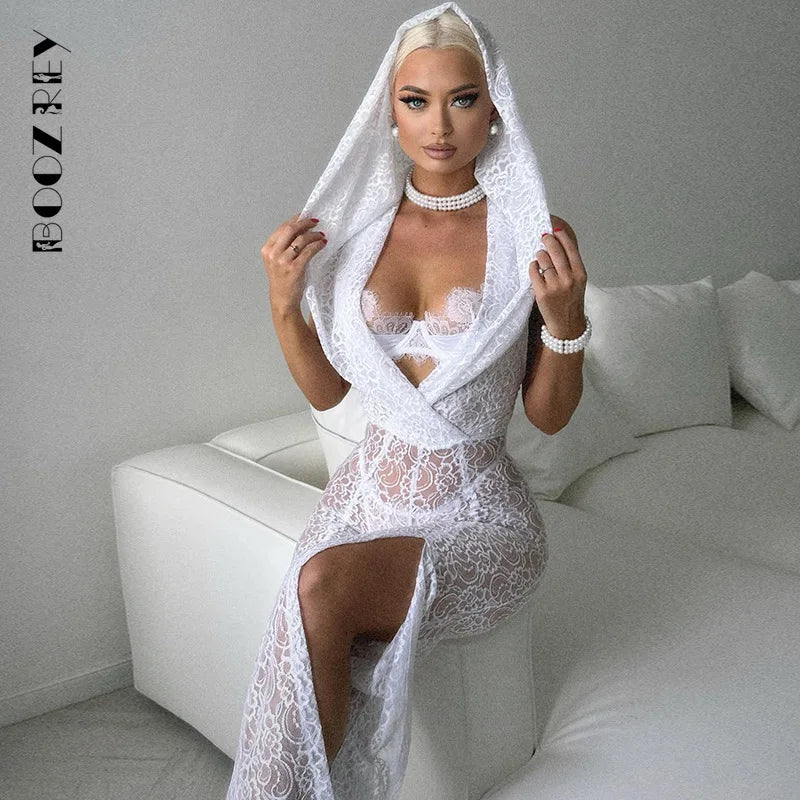 BoozRey Y2K Sexy Solid Hoodie Jumpsuits Women 2023 Summer Fashion Mesh Lace See Through Sleeveless Backless One Pieces Bodysuits