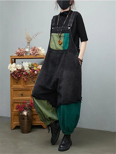 Women‘s Jumpsuits 2022 New Spring Summer Baggy Color Matching Cowboy Rompers Boyfriend Overalls Suspenders Jeans Monos Mujer