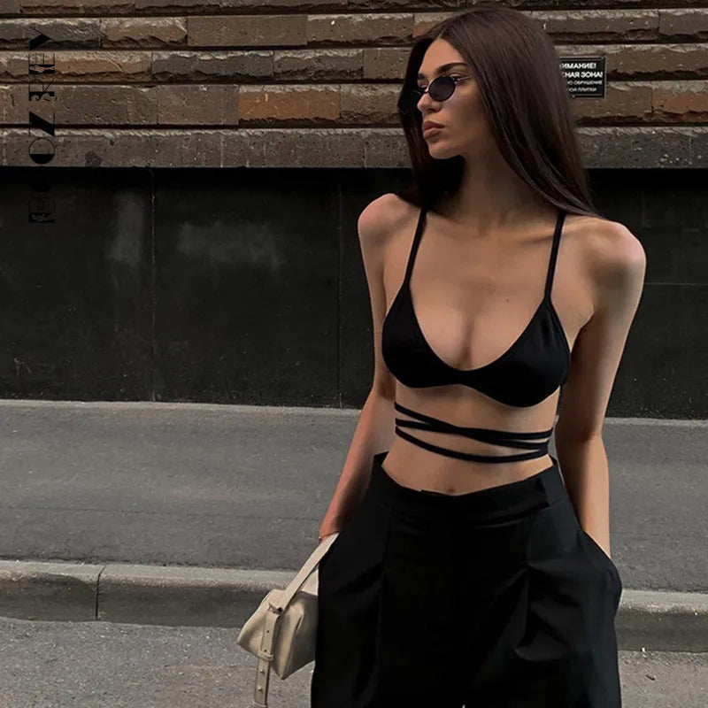 BoozRey Black Halterneck Tube Top Vest Strapless Backless Street Women's Top 2022 Summer Casual V-neck Short Y2k Vest for Women