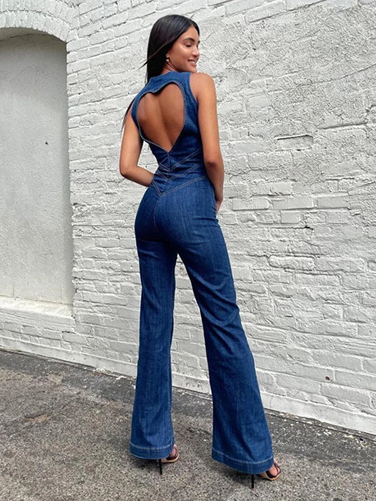 Weird Puss Denim Elegant Jumpsuit Women Zipper Heart Backless High Waist Straight-Leg Streetwear Trend Skinny Workout Overalls