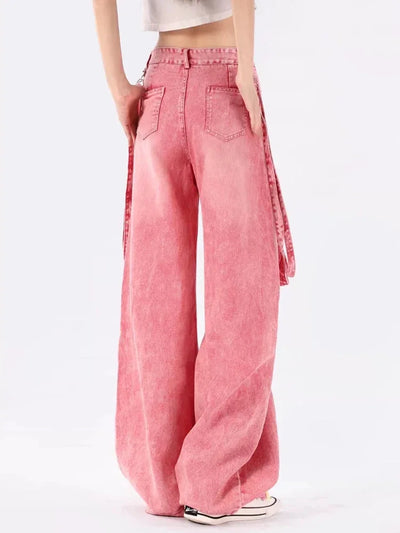 ADAgirl Pink Y2K Cargo Jeans Women Harajuku Oversize Vintage Belt Wide Leg Causal Denim Trousers Hip Hop Korean Straight Pants