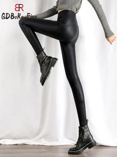 Sexy Slimming Pu Leather Leggings Women Winter Autumn Black High Waist Tights Stretch Soft Thin Fleece Leggings for Women Pants