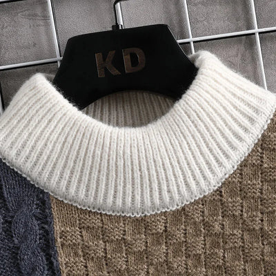 2023 Autumn Winter Men Sweater Warm Fashion Stitching Color Matching Pullover Round Neck Sweater Thickened Knitted Sweater S-3Xl