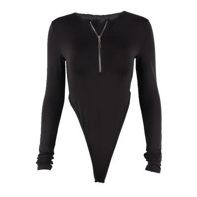 2024 New Korean Fashion Women Sexy Zipper Solid Long Sleeve Bodysuit Y2K Women Elastic Skinny One Piece Party Bodysuits T Shirt