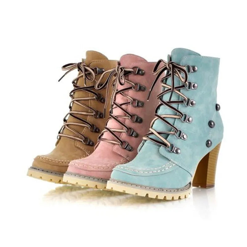 ENMAYER New Stylish High Qulity Ankle Boots for Women Brown Pink Light Green Women Boots Shoes Women Round Toe Winter Boots