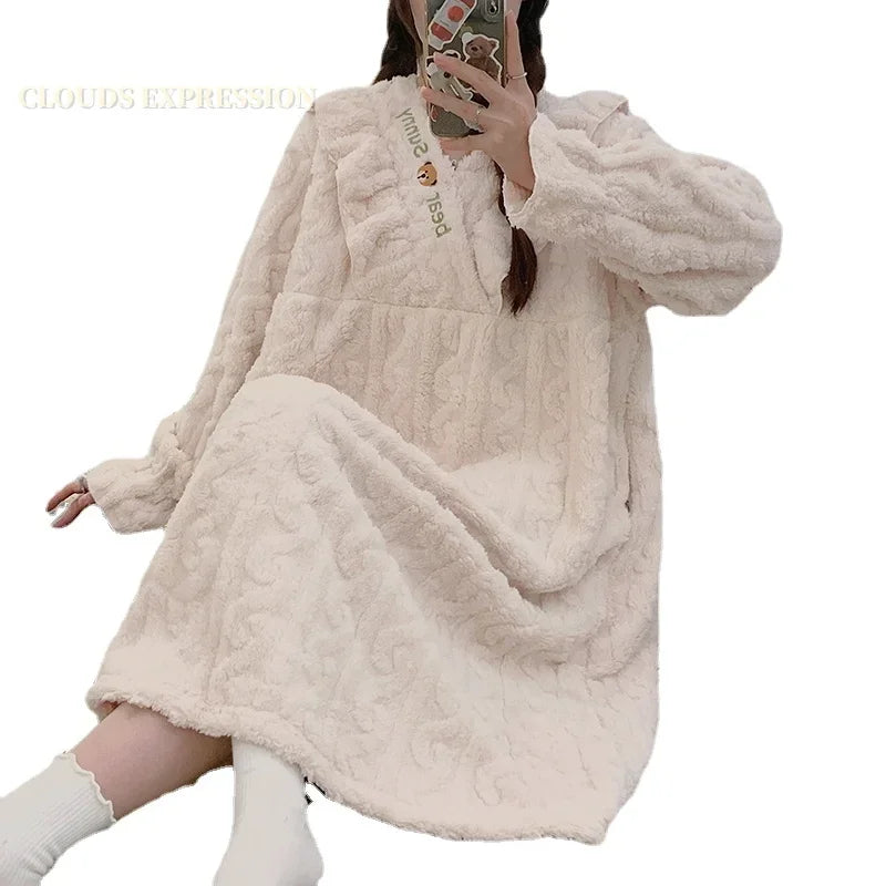 Winter 4XL Warm Velvet Plush Nightdress Kawaii Girls Sleeping Dress Women's Nightgowns Nighttie Ladies Sleepshirts Home Skirts