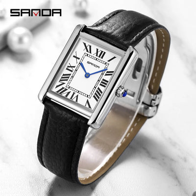 SANDA Men Women Rectangular Quartz Wrist Watches for Casual Ladies Stainless Watches Luxury Leather Lovers Gift Box Clock