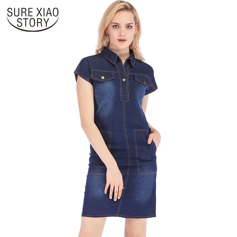 elegant dress 2023 summer fashion denim dress hot sale casual loose jean dress lady  slim short sleeve clothing 4051 50