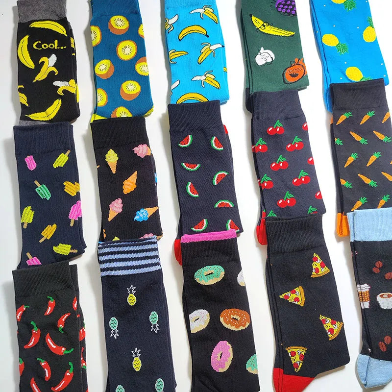 58 Style Food Theme Men Cartoon Socks Cotton Fruit Banana beer coffee bean doughnut sandwich hamburger sushi ice crea Long Socks