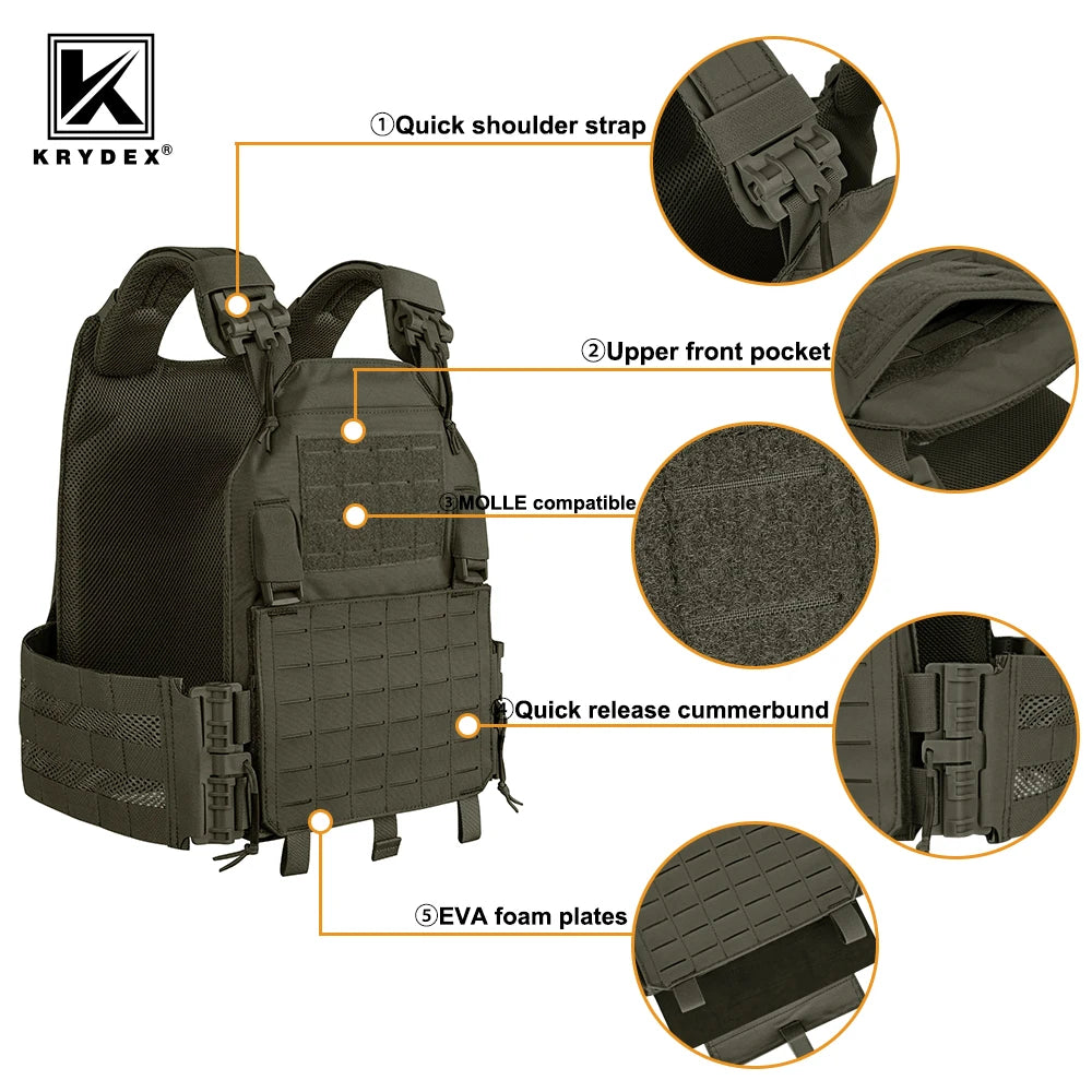 KRYDEX 500D Tactical Vest Laser Cutting MOLLE LAVC Plate Carrier Quick Release Buckle Airsoft Military Paintball CS Vest Gear