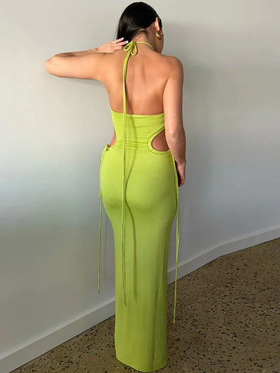 Hugcitar Lace Up Halter Maxi Dress For Women 2023 Summer Outfits Hollow Out Bodycon Clothes Party Elegant Birthday Evening