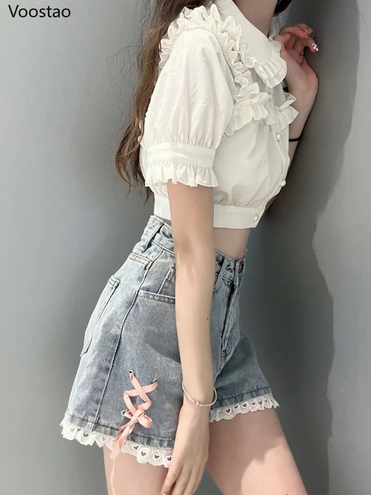 Sweet Denim Shorts Summer Women Casual Lace Bow Bandage Short Pants Streetwear Chic Shorts Girly High Waist Loose Wide Leg Pants