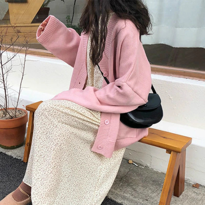 Cardigans Women Solid Simple Basic Sweater Kawaii Preppy Style Casual Long Sleeve V-neck Loose Outerwear All-match Autumn Hot