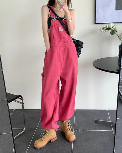 SM jeans womens 2022 Summer Preppy Style loose Girls Pink wide leg trousers jumpsuit korean casual denim overalls womens (78891