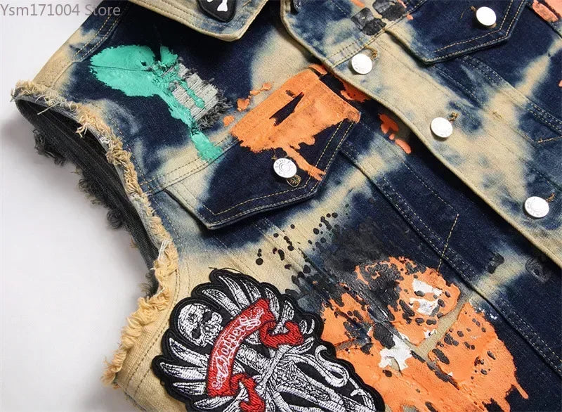 Men's Jackets New Mens Punk Motorcycle Casual Denim Embroidery Jacket Clothing Men's Street Hip Hop Retro Denim Vest Jacket