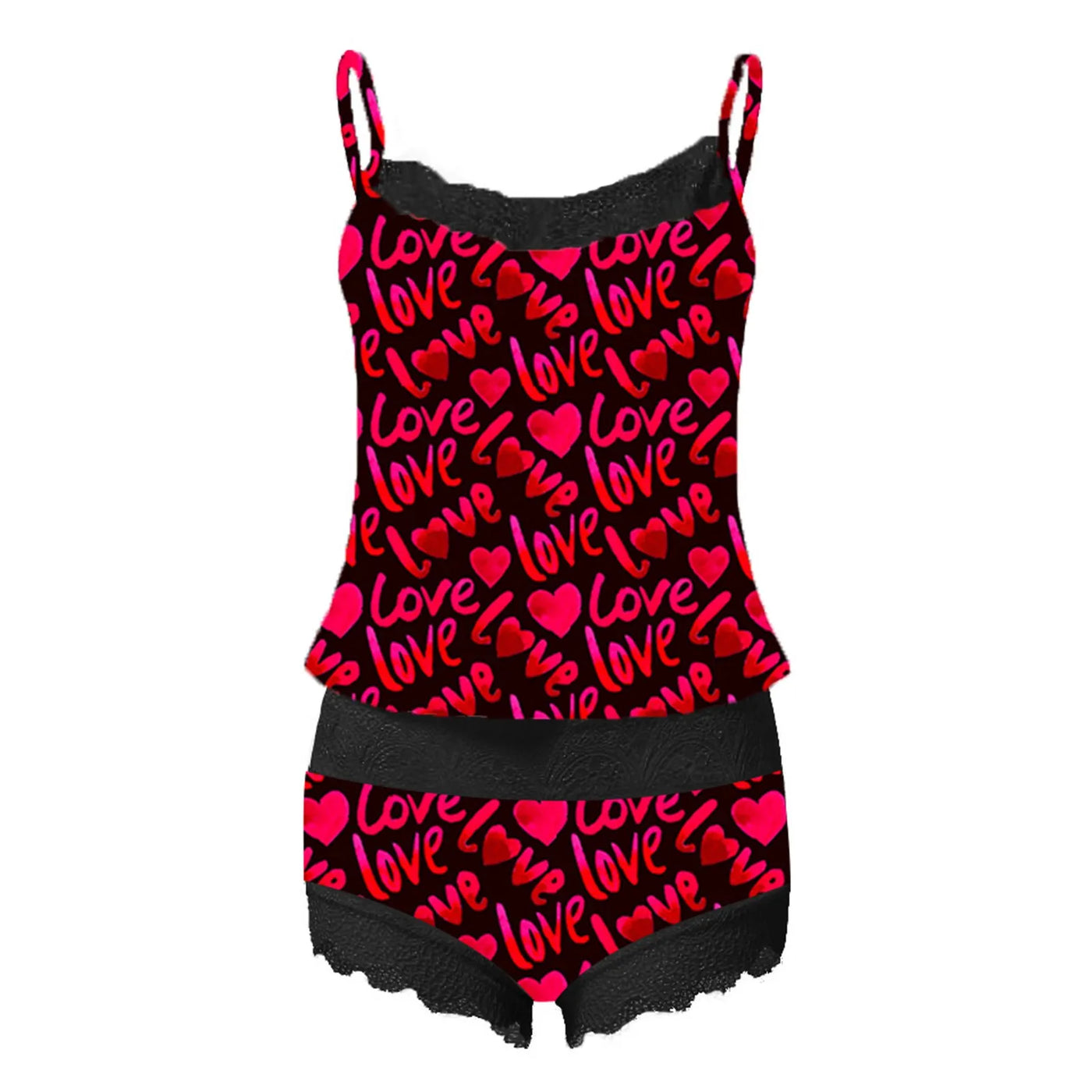 I Love You Printed Women Sexy Pajamas Two-Piece Set Sleeveless Camisole Shorts Set Valentines Day Lingerie Sleepwear Suit Set