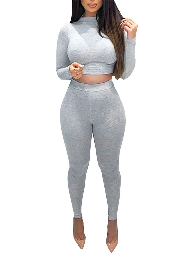 Autumn Winter Two Piece Set Women Outfits Long Sleeve Crop Tops T-shirt Leggings Pants Sports Suit Female Tracksuit Clothes