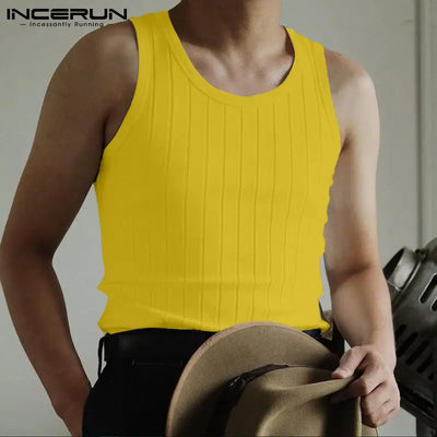 INCERUN Korean Style Tops 2023 New Men's Fashion Knit Stretch Vests Stylish Male Solid Color COmfortable Summer Tank Tops S-5XL