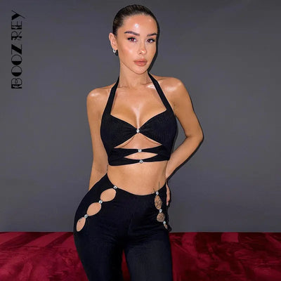 BoozRey Fashion Sexy Black Halter Neck Hollow Out Long Sleeve Backless Single-breasted Crop Top Streetwear Short Tops for Women