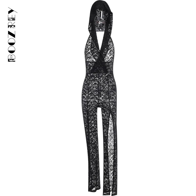 BoozRey Y2K Sexy Solid Hoodie Jumpsuits Women 2023 Summer Fashion Mesh Lace See Through Sleeveless Backless One Pieces Bodysuits