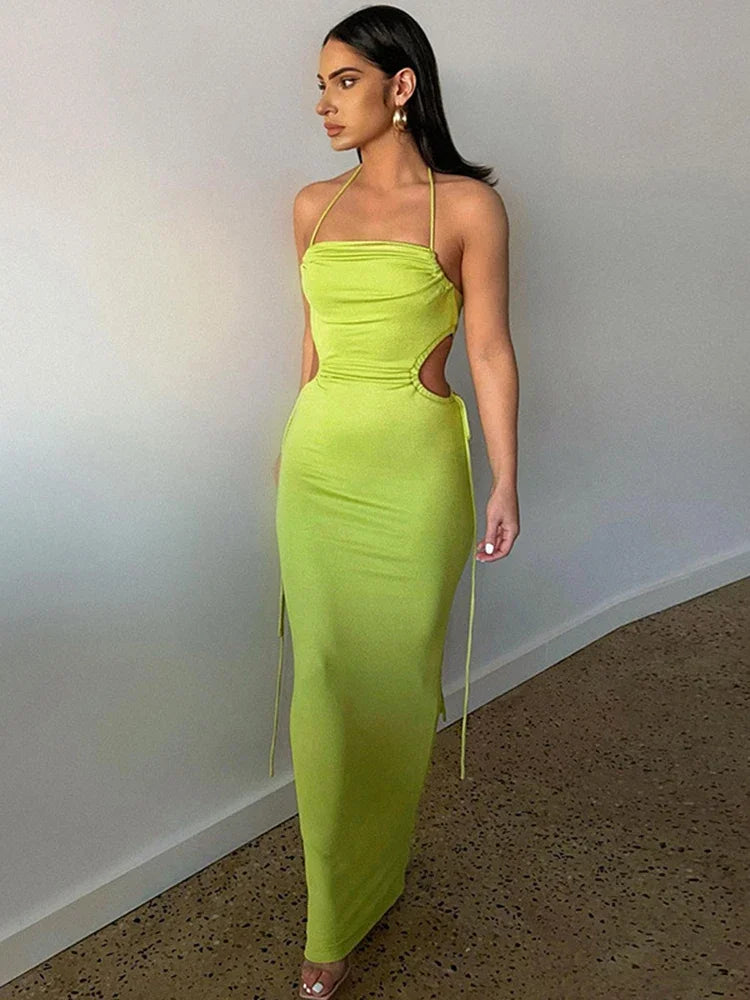 Hugcitar Lace Up Halter Maxi Dress For Women 2023 Summer Outfits Hollow Out Bodycon Clothes Party Elegant Birthday Evening