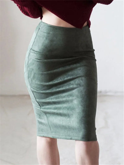 Msfilia Spring Autumn Sexy Chic Pencil Skirts Office Look Natural Waist Knee-Length Solid Skirt Casual Slim Hip Placketing