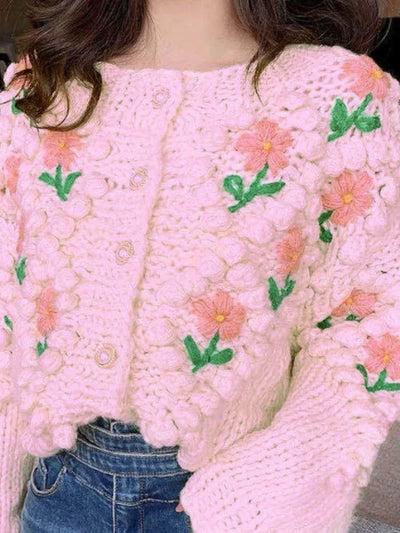 H.SA 2022 New Women Winter Handmade Sweater And Cardigans Floral Embroidery Hollow Out Chic Knit Jacket Pearl Beading Cardigans