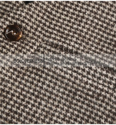 Mens Suit Vest V Neck Wool Brown Single-breasted Houndstooth Waistcoat Casual Formal Business Groomman For Wedding