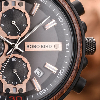 BOBO BIRD Wooden Watch Men Top Brand Luxury Stylish Chronograph Military Watches Wooden Box Logo Custom Great Gift reloj hombre