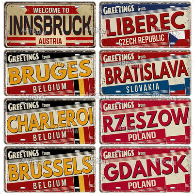 Artisian BELGIUM Netherland AUSTRIA POLAND CZECH Landmark License Plate Ctiy Metal Sign Decorative Vehicle Plate Wall Decor