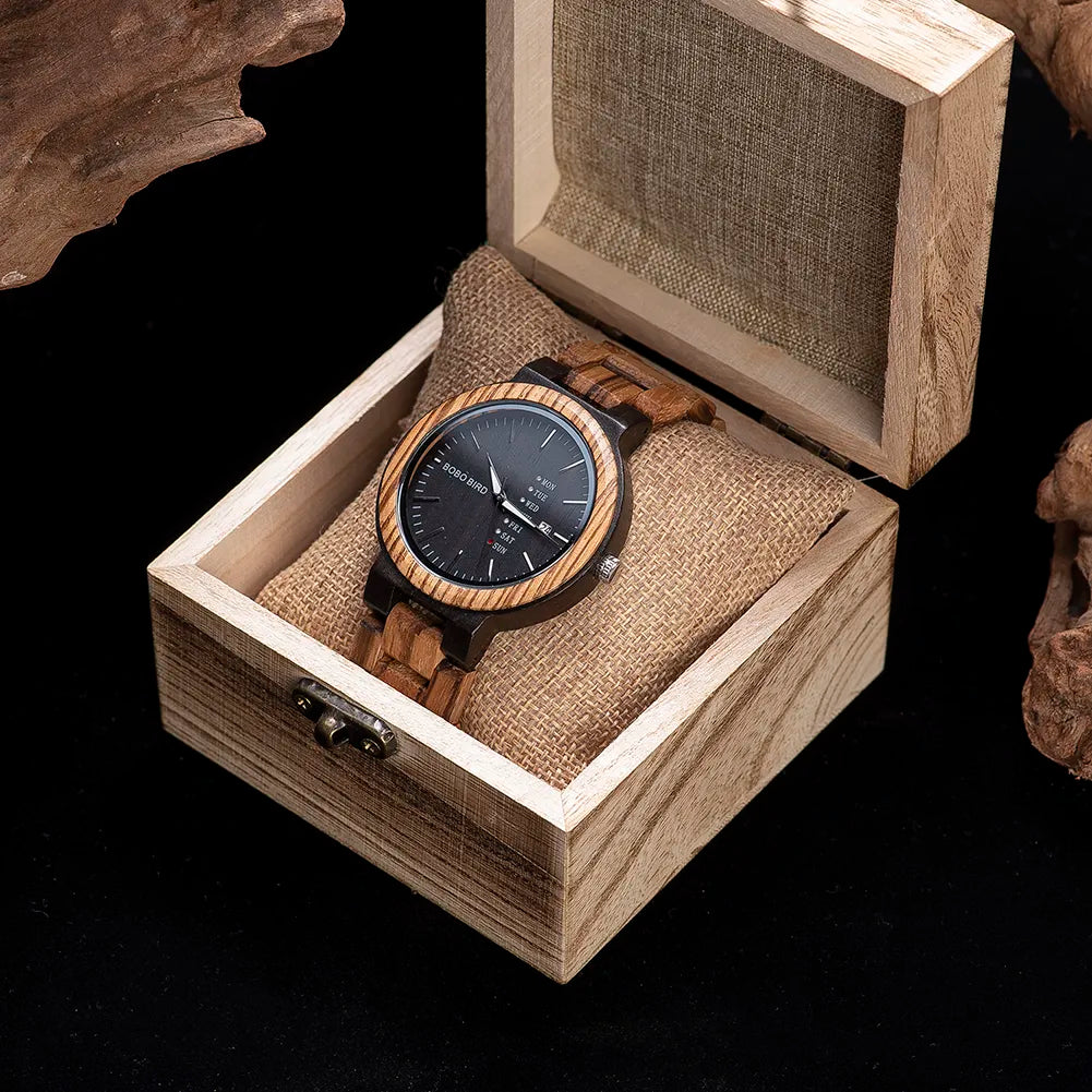 BOBO BIRD Antique Wood Watches for Man Date and Week Display Luxury Brand Watch in Wooden Gift Box relogio masculino Dropship