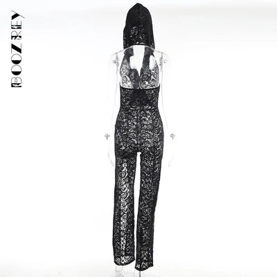 BoozRey Y2K Sexy Solid Hoodie Jumpsuits Women 2023 Summer Fashion Mesh Lace See Through Sleeveless Backless One Pieces Bodysuits