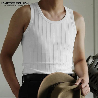 INCERUN Korean Style Tops 2023 New Men's Fashion Knit Stretch Vests Stylish Male Solid Color COmfortable Summer Tank Tops S-5XL