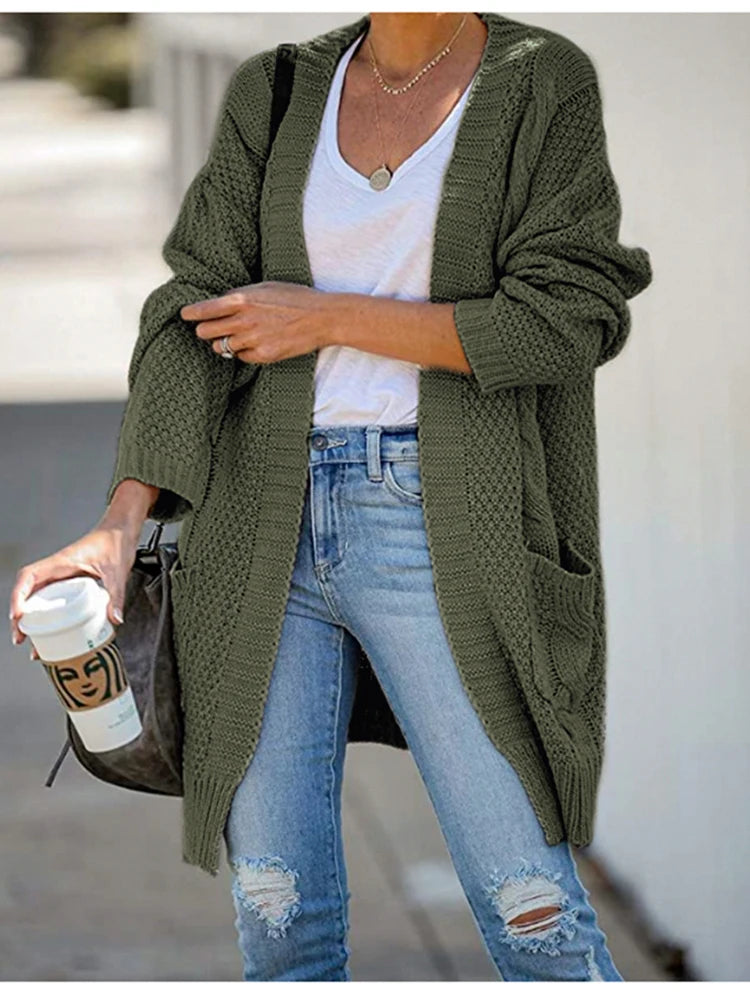 Fitshinling Pockets Twist Women's Cardigans Knitted Winter Coat Vintage Slim Holiday Boho Slim Long Cardigan Female Knitwear New