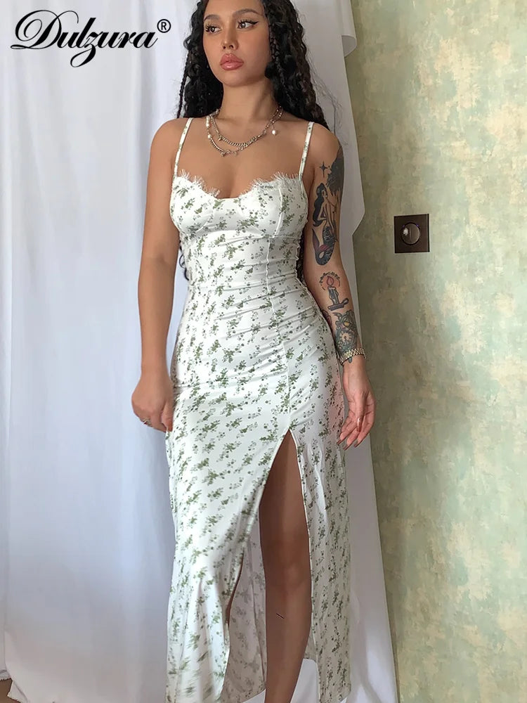 Dulzura Elegant Y2K Clothes Floral Print Sleeveless Backless Side Slit Bodycon Midi Dresses For Women 2023 Club Party Birthday