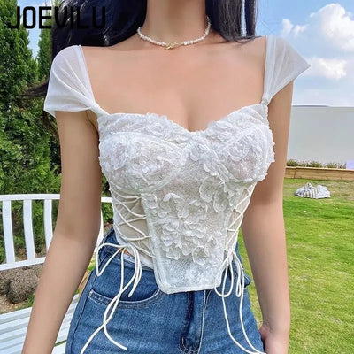 Flower Lace Tank Top Babes Boho Fish Bone Crop Top Sexy Inner Strap Women's Summer French Tube Tops Y2k Cute Clothes Pink Corset