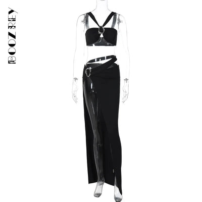 BoozRey Sexy Crop Top Long Skirt Two Piece Set Women Party Clubwear Hollow High Slit Dress Set Sleeveless Backless Outfits