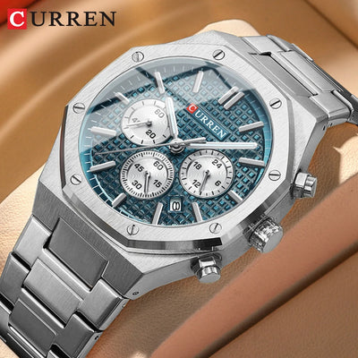 CURREN Fashion Casual Stainless Steel Band Quartz Wristwatches with Chronograph Waterproof Men's Watches