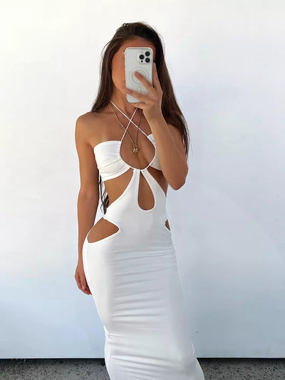 Cryptographic Summer Cut Out Sleeveless Backless Halter Midi Dress Women Elegant Outfits Club Party Sexy Slip Dresses Clothes