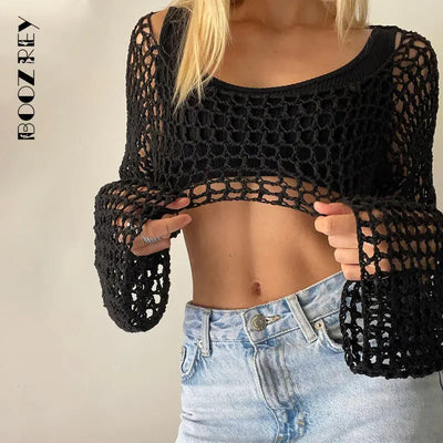 BoozRey NEW 2023 Casual Summer Green Long Sleeve Smock Knitted Crop Top Women Y2k Beach Sexy Backless Hollow Out T Shirts Party