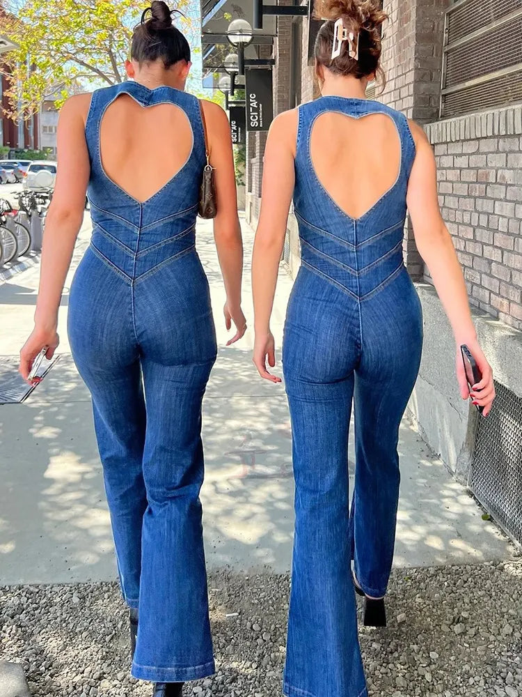 Weird Puss Denim Elegant Jumpsuit Women Zipper Heart Backless High Waist Straight-Leg Streetwear Trend Skinny Workout Overalls