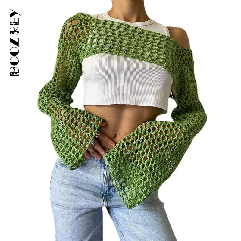 BoozRey NEW 2023 Casual Summer Green Long Sleeve Smock Knitted Crop Top Women Y2k Beach Sexy Backless Hollow Out T Shirts Party