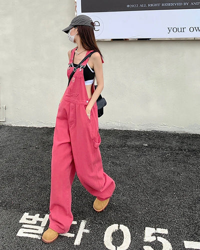 SM jeans womens 2022 Summer Preppy Style loose Girls Pink wide leg trousers jumpsuit korean casual denim overalls womens (78891