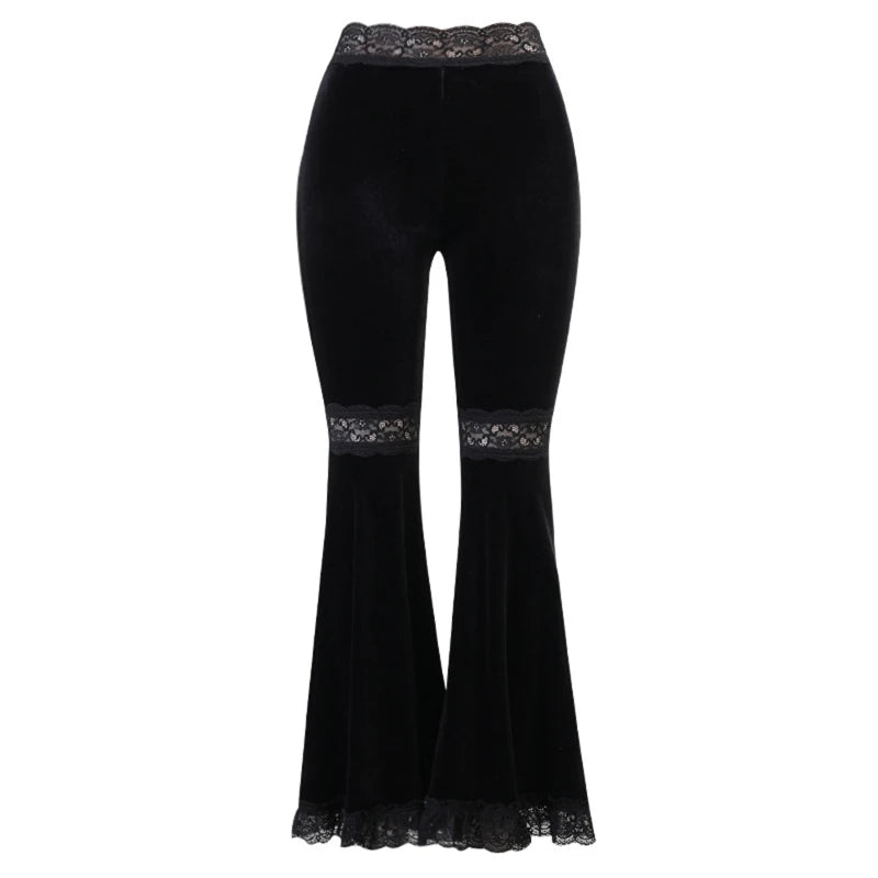 Women Gothic Punk Black Velvet Flare Pants Harajuku Sexy Hollow Out Lace Patchwork High Waist Skinny Vintage Gypsy Bell Bottom