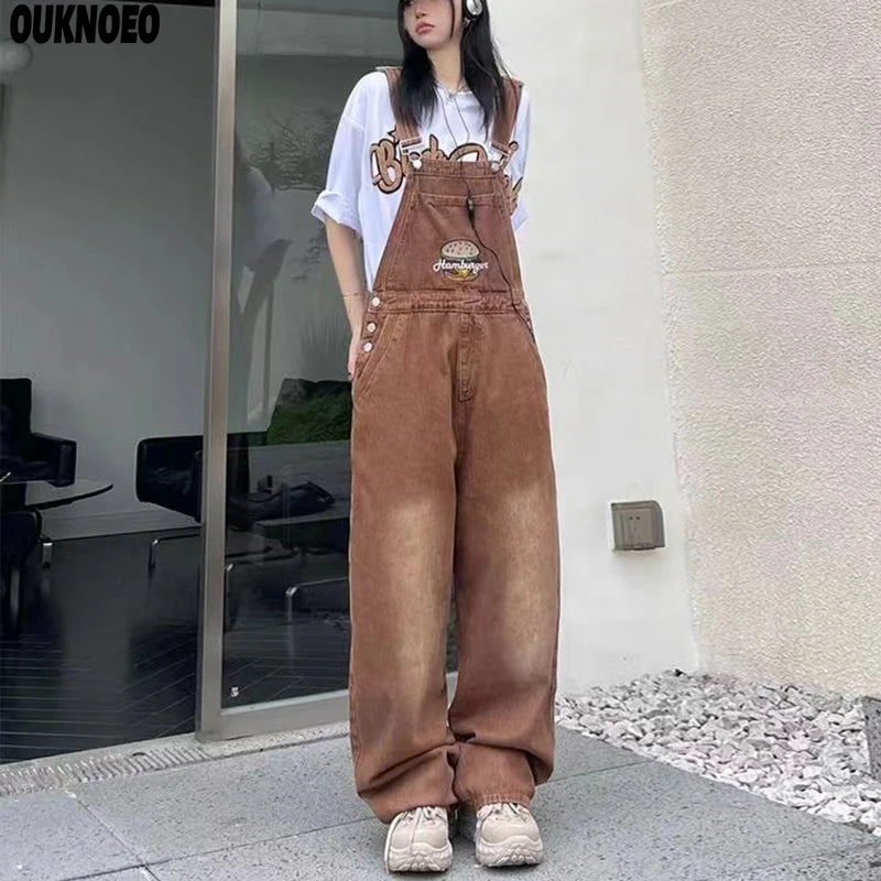 Spring Women Denim Overalls Brown Straight Long Wide Leg Jumpsuits 2023 Korean Streetwear Loose Summer Women Thin Denim Jumpsuit