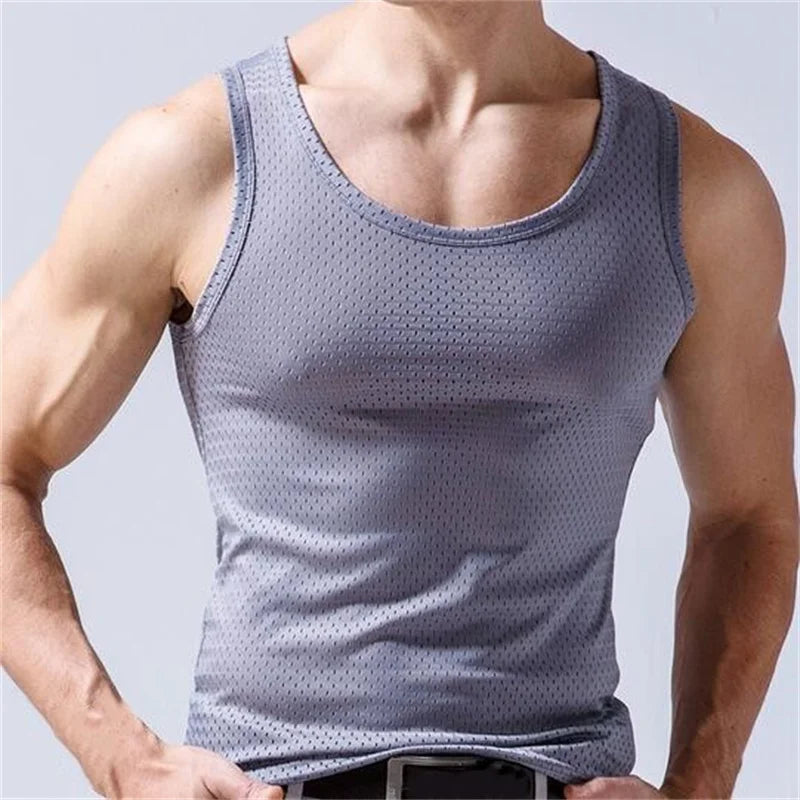 Men Tops Ice Silk Vest Outer Wear Quick-Drying Mesh Hole Breathable Sleeveless T-Shirts Summer Cool Vest Beach Travel Tanks