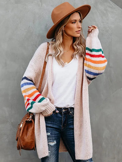 Fitshinling Rainbow Striped Boho Cardigan Winter Long Coat Female Knitwear Pink Slim Sweaters Cardigans For Women Clothes 2022